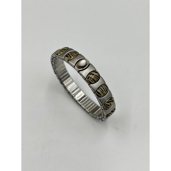 Italian Dolceoro Vintage Stretch Bracelet Elastic Stainless Steel w/ Gold Accent - Picture 3 of 7